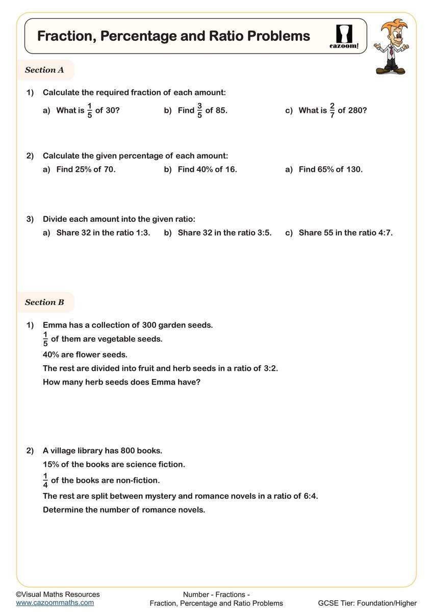 Fraction Percentage And Ratio Problems Worksheet Printable PDF Year 9 10 And 11 Number Worksheet