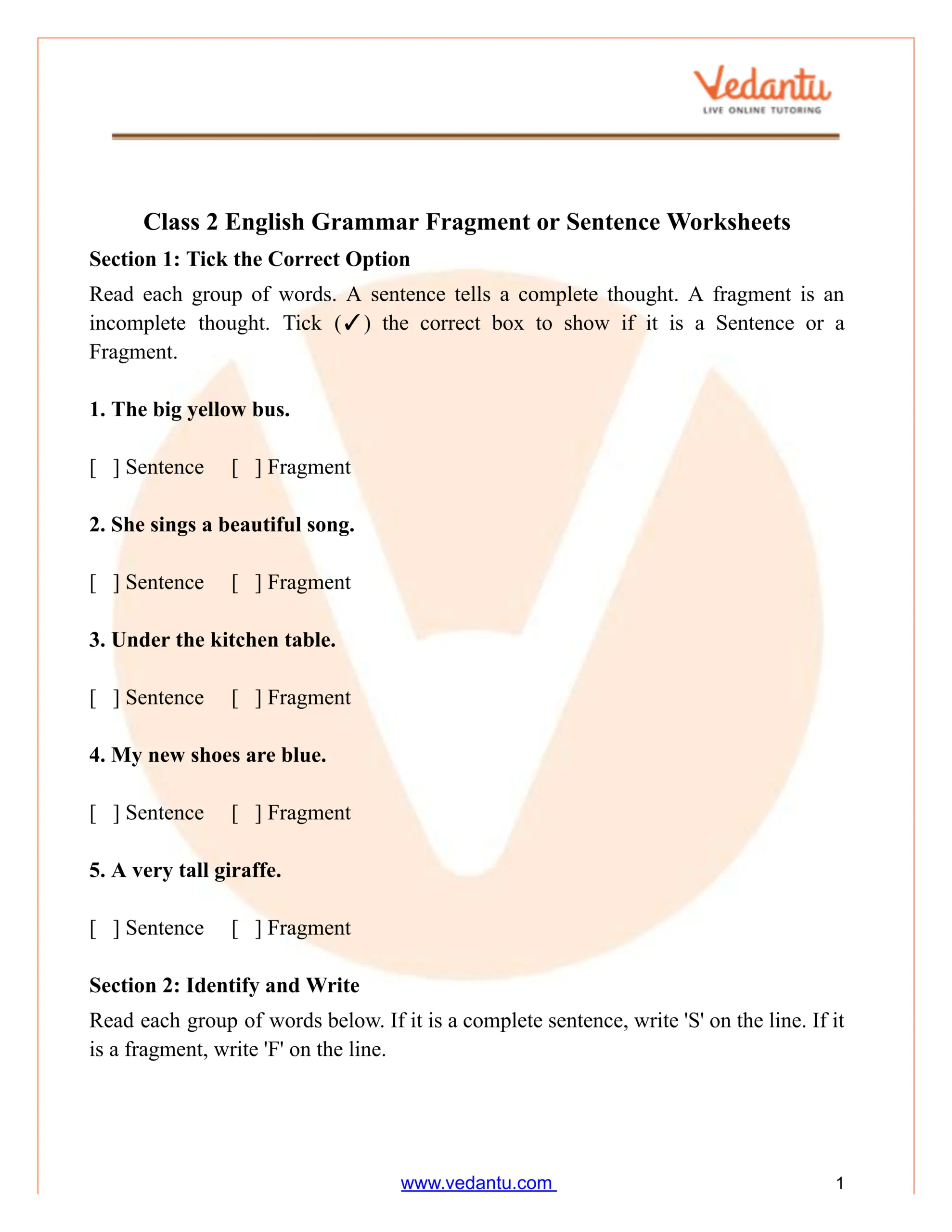 Fragment Or Sentence Worksheet For Class 2 English Grammar Practice