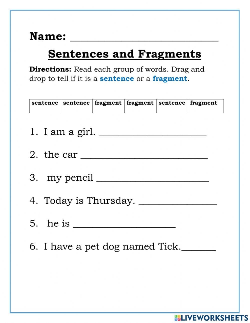 Fragment Sentences Worksheet Practice And Master Sentence Structure
