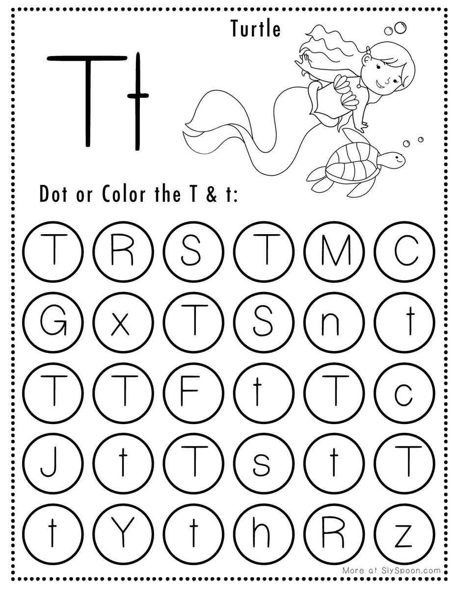 Free Alphabet Do A Dot Printables Worksheets Letter T Mermaid Themed Sly Spoon Letter T Alphabet Activity Worksheet Doozy Moo