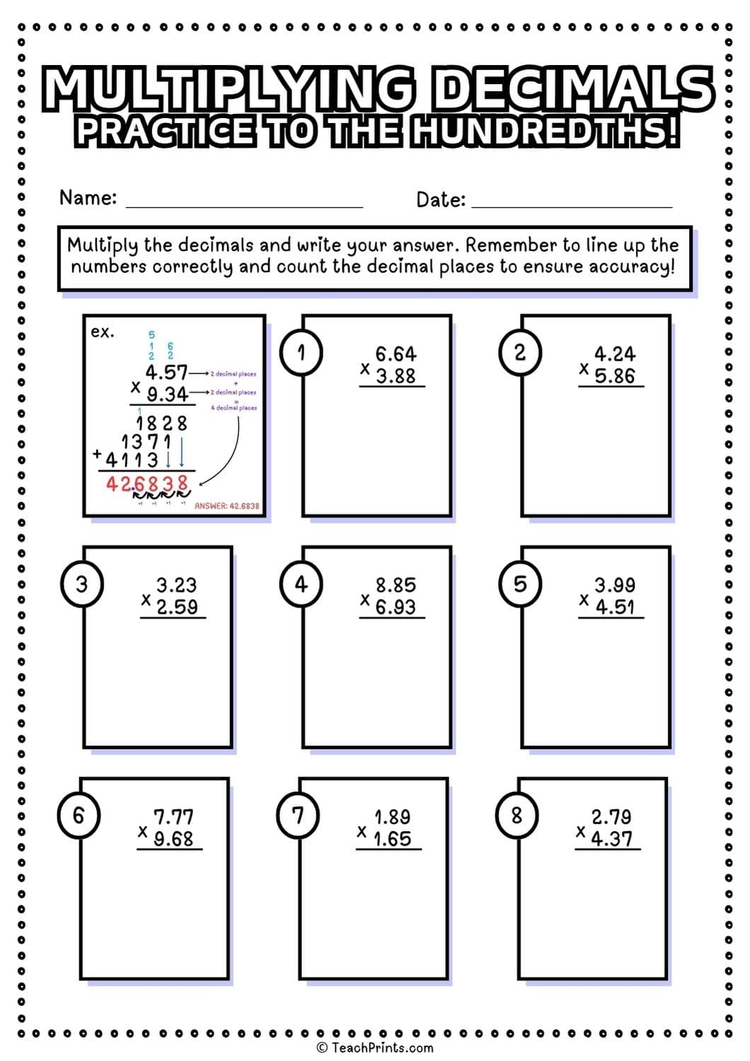 Free Multiplying Decimals Worksheets Teach Prints