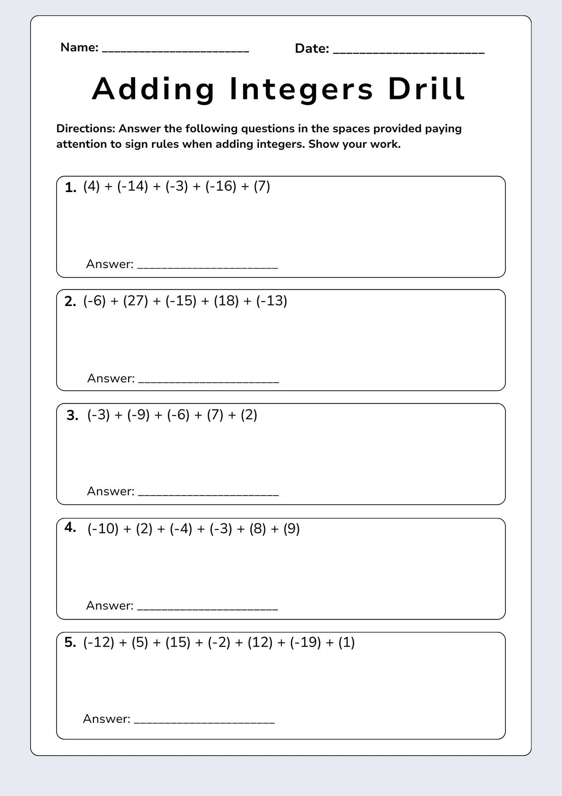 Integers Worksheets Printable
