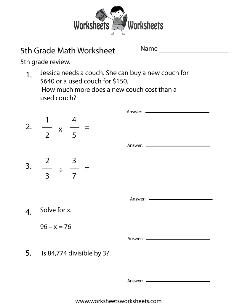 Free Printable Fifth Grade Math Practice Worksheet Worksheets Library