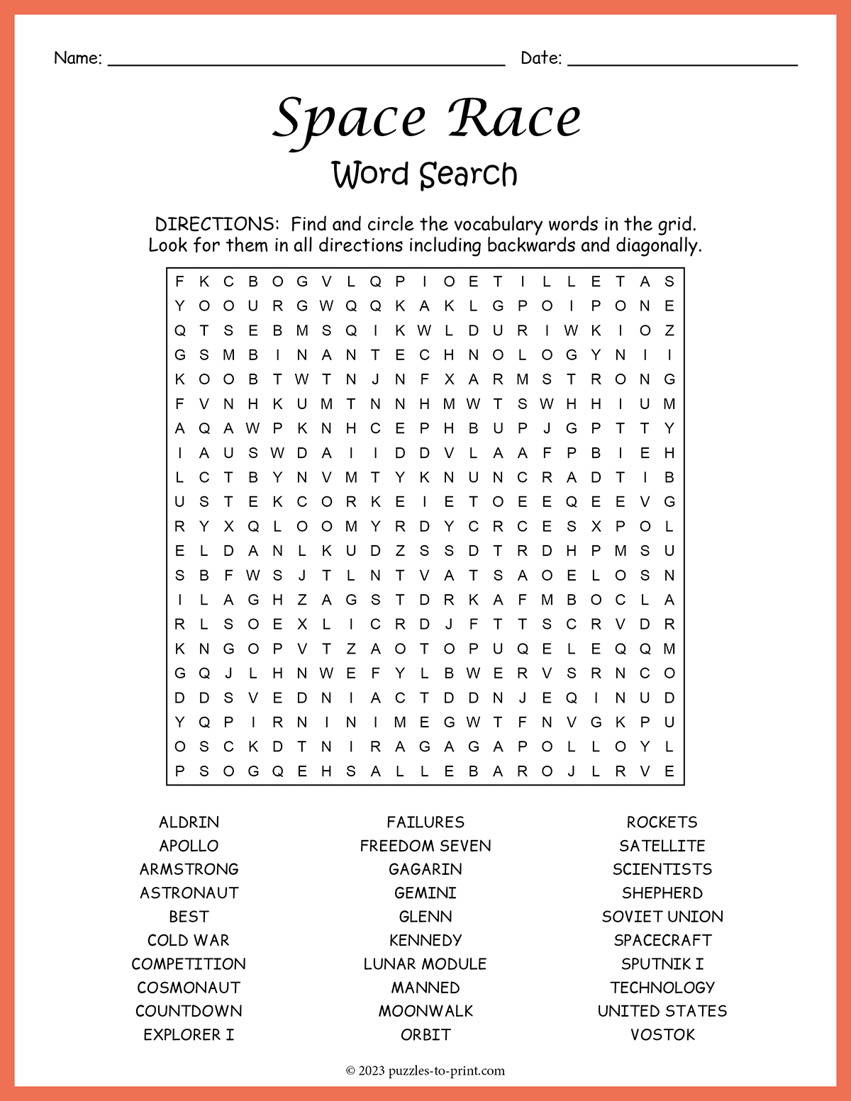 Free Printable Space Race Word Search