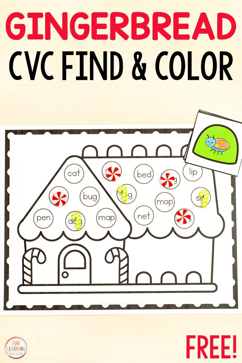 Gingerbread CVC Word Find And Color Sheets