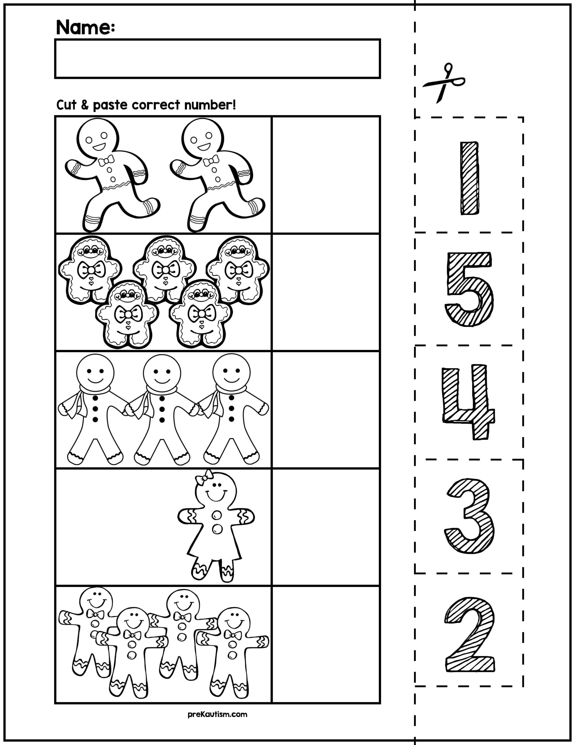Gingerbread Man Cut Match Worksheets Numbers 1 5 By PreKautism