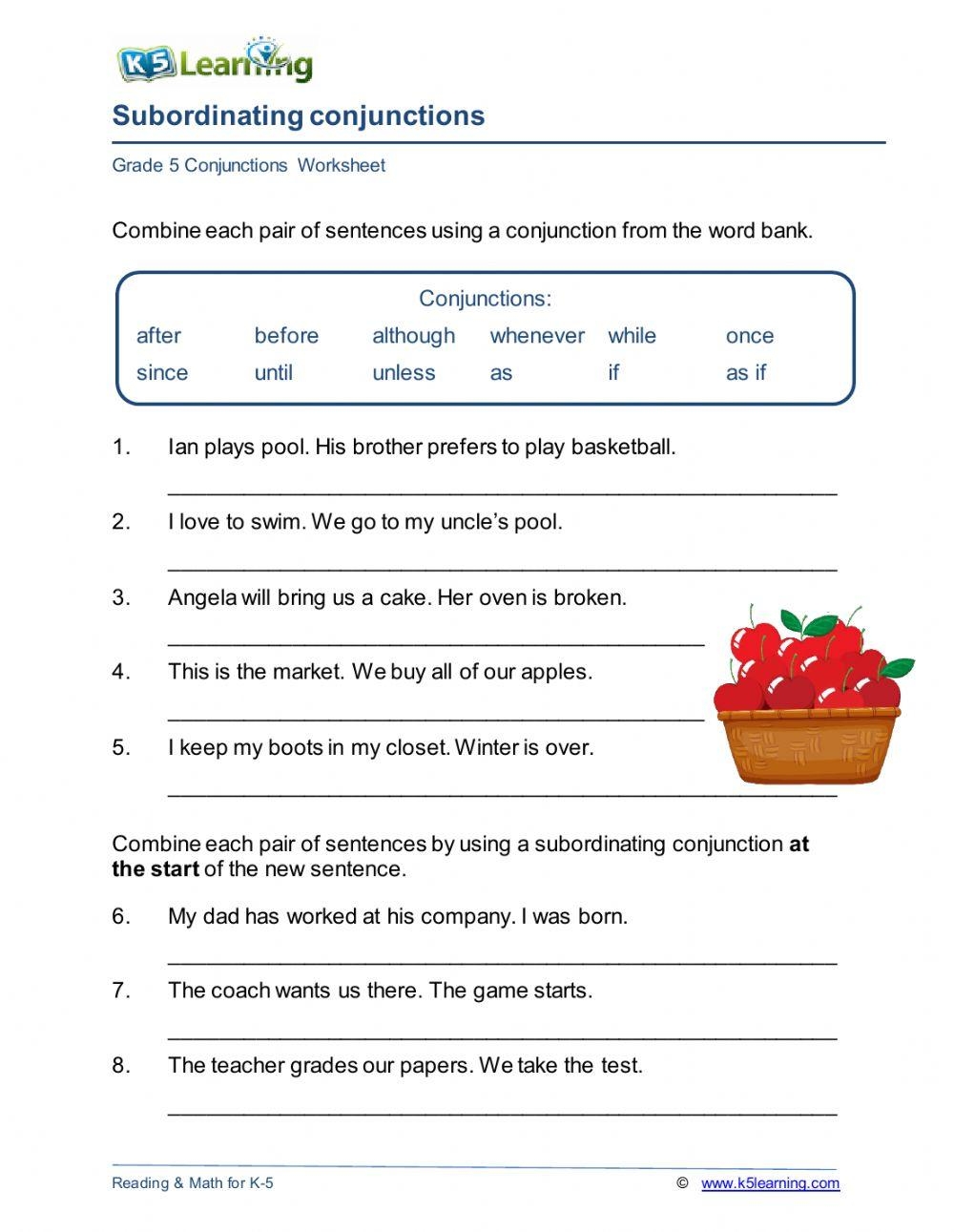 Grade 5 6 Subordinating Conjunctions Worksheet Online Exercise For Worksheets Library Conjunctions Worksheet Includes Key