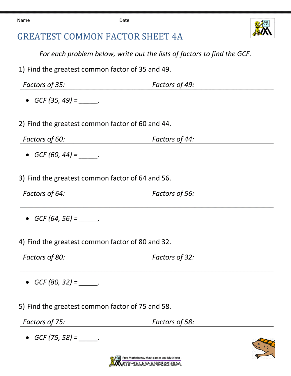 Greatest Common Factor Worksheet Page Greatest Common Factor Worksheet Page