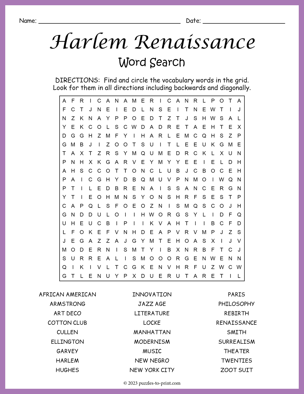 Harlem Renaissance Word Search The Harlem Renaissance Word Search Puzzle Worksheet Activities For Kids Made By Teachers