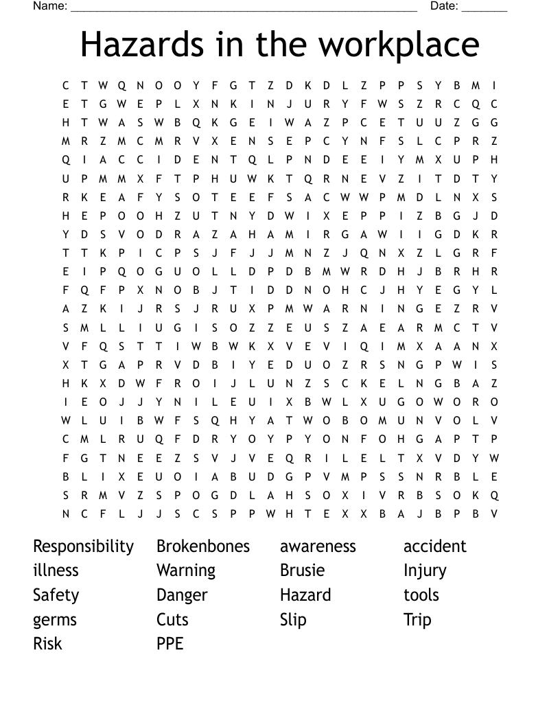 Hazards In The Workplace Word Search WordMint
