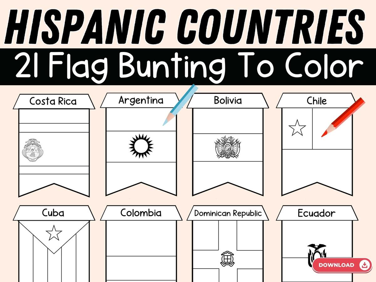 Hispanic Country Flags Coloring Pages Hispanic Heritage Month Flag Bunting BW Made By Teachers