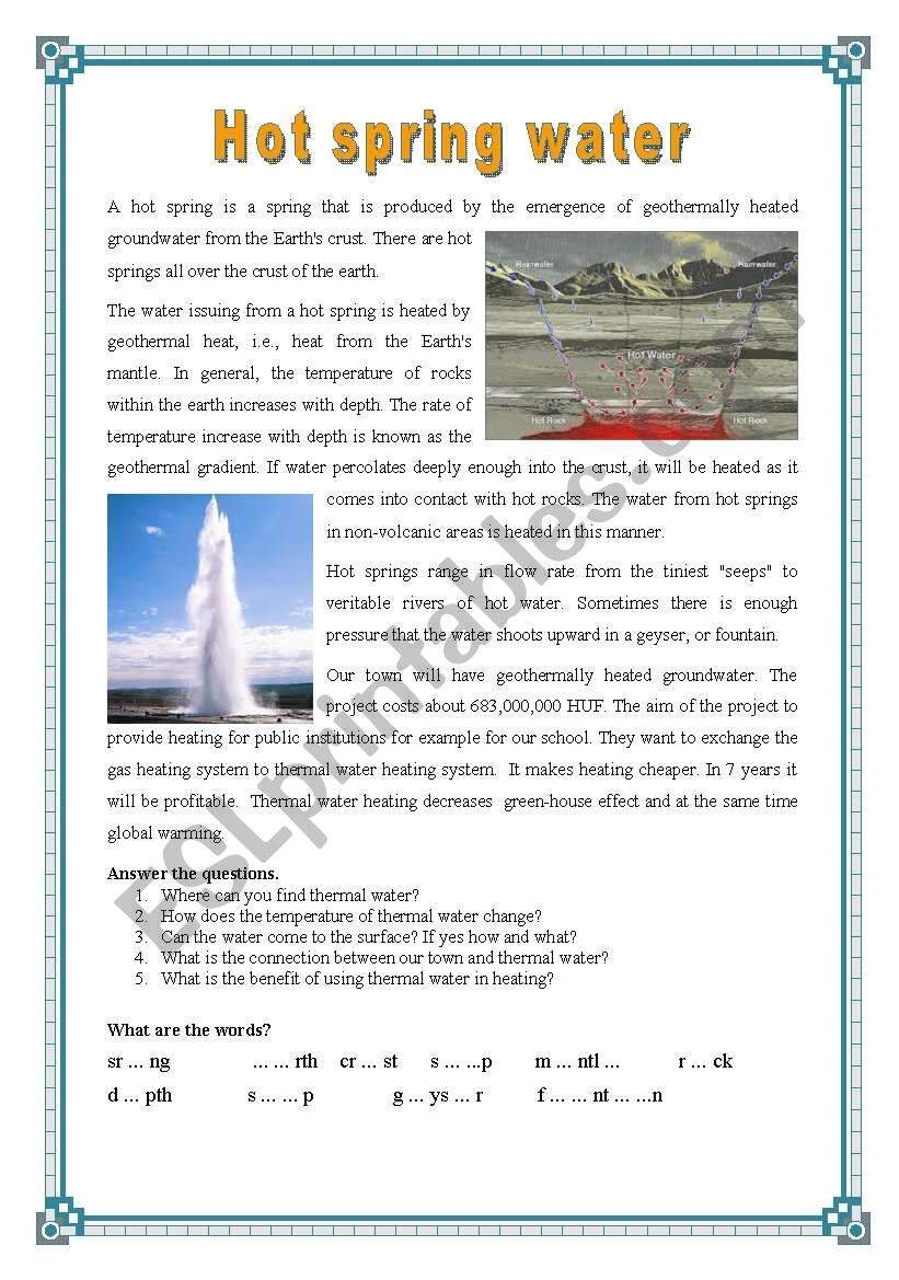 Hot Spring Water ESL Worksheet By Saskat3