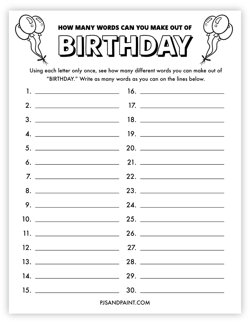 How Many Words Can You Make Out Of Birthday Free Printable Game Pjs And Paint How Many Words Can You Make Out Of Birthday Free Printable Game Pjs And Paint