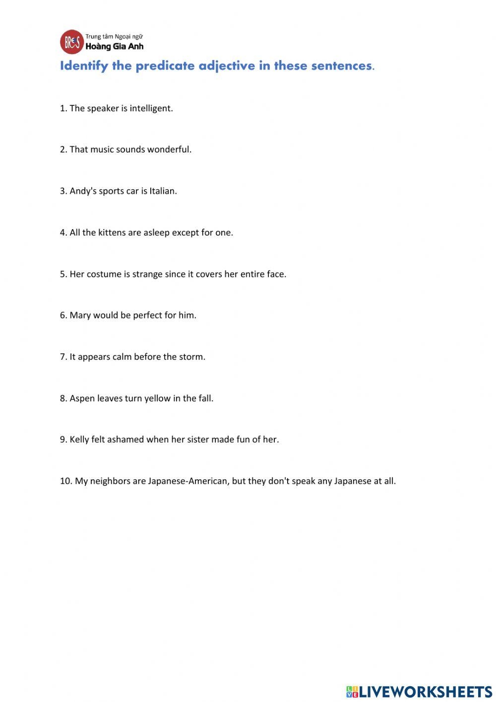 Identify Predicate Adjective Worksheet Worksheets Library Identify Predicate Adjective Worksheet Worksheets Library