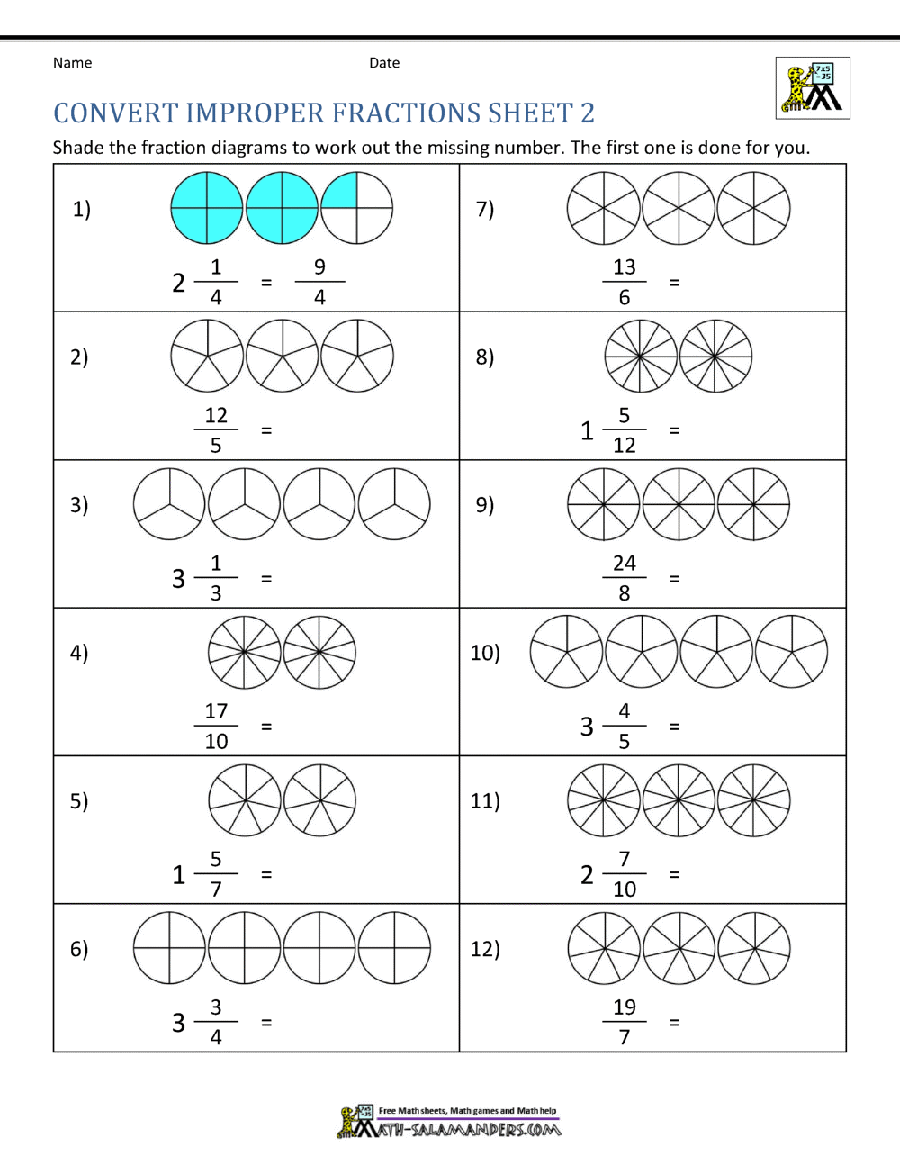 Improper Fraction Worksheets Improper Fraction Worksheets