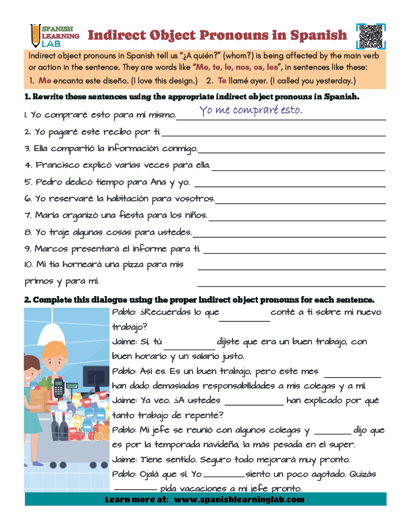 Indirect Object Pronouns In Spanish PDF Worksheet Spanish Learning Lab
