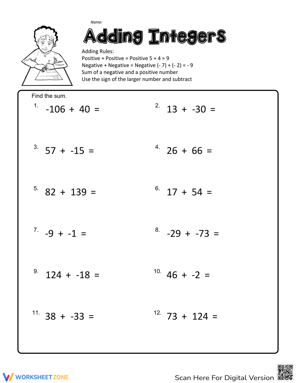 Integers Worksheets Printable