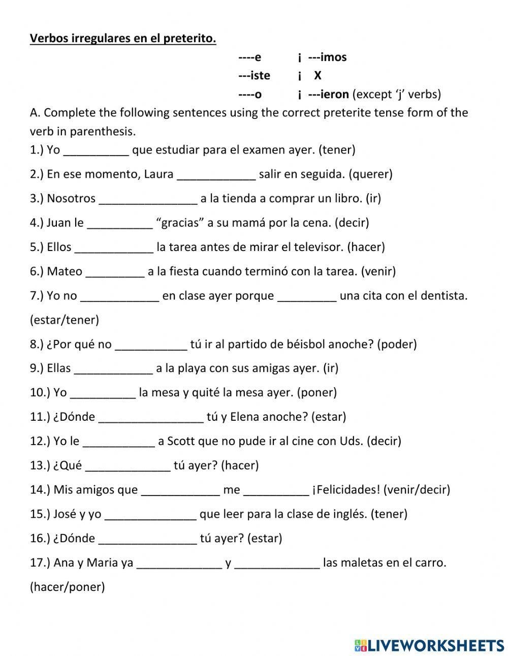 Irregular Verbs In The Preterite Worksheet Worksheets Library