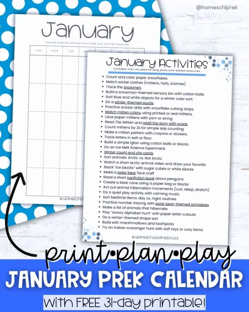 January Preschool Activity Calendar Free Printable
