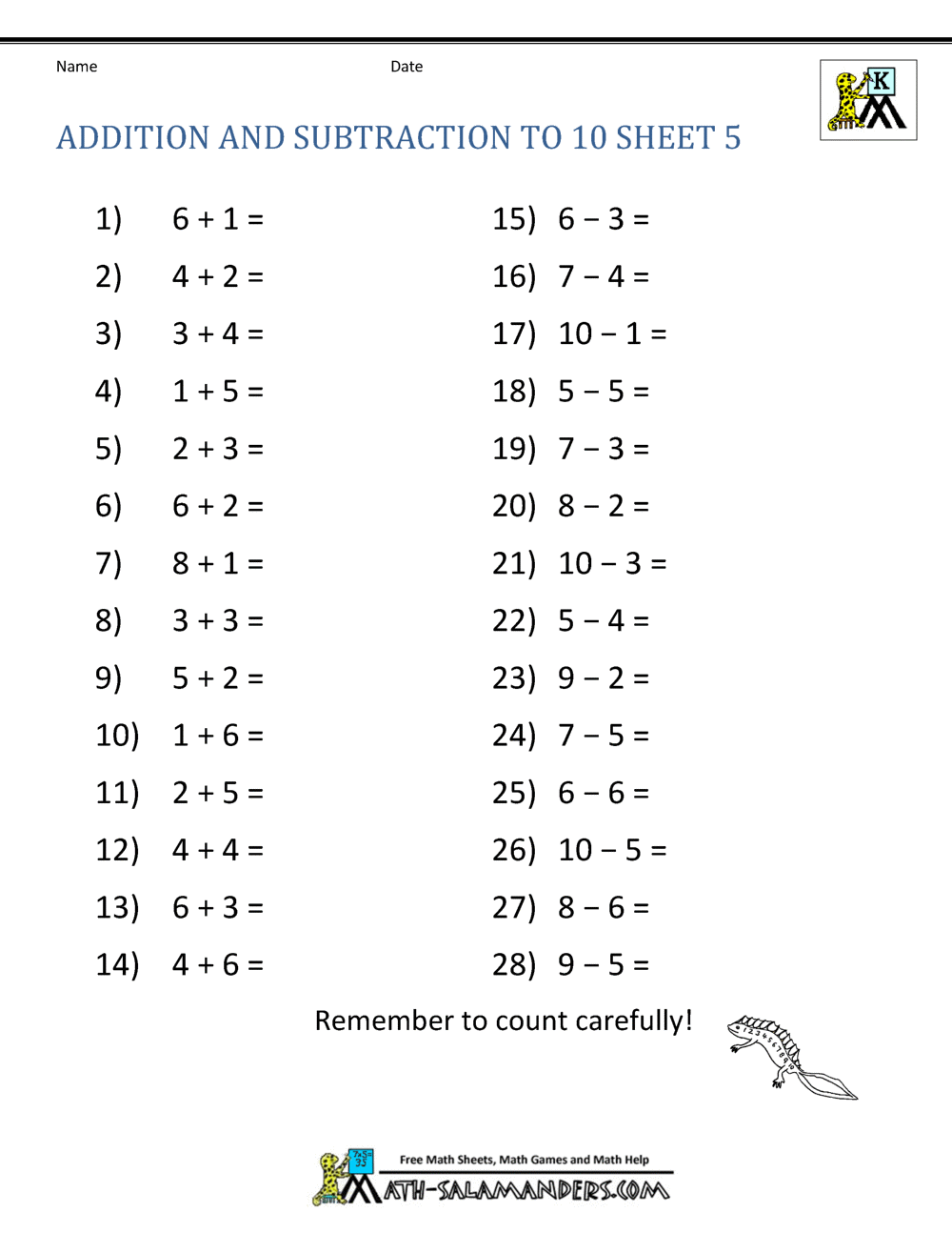 Kindergarten Addition And Subtraction Worksheets