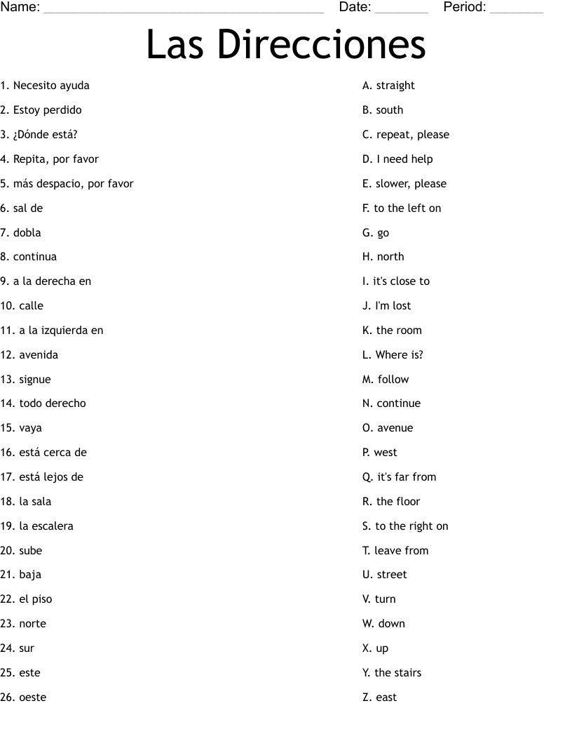 Las Direcciones Worksheet WordMint