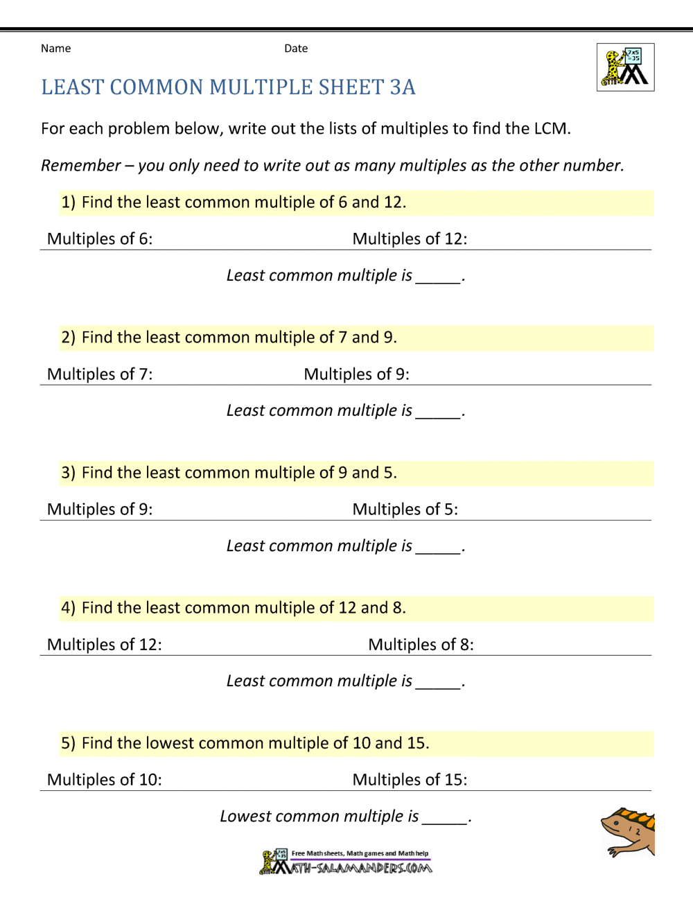 Least Common Multiple Worksheets Page