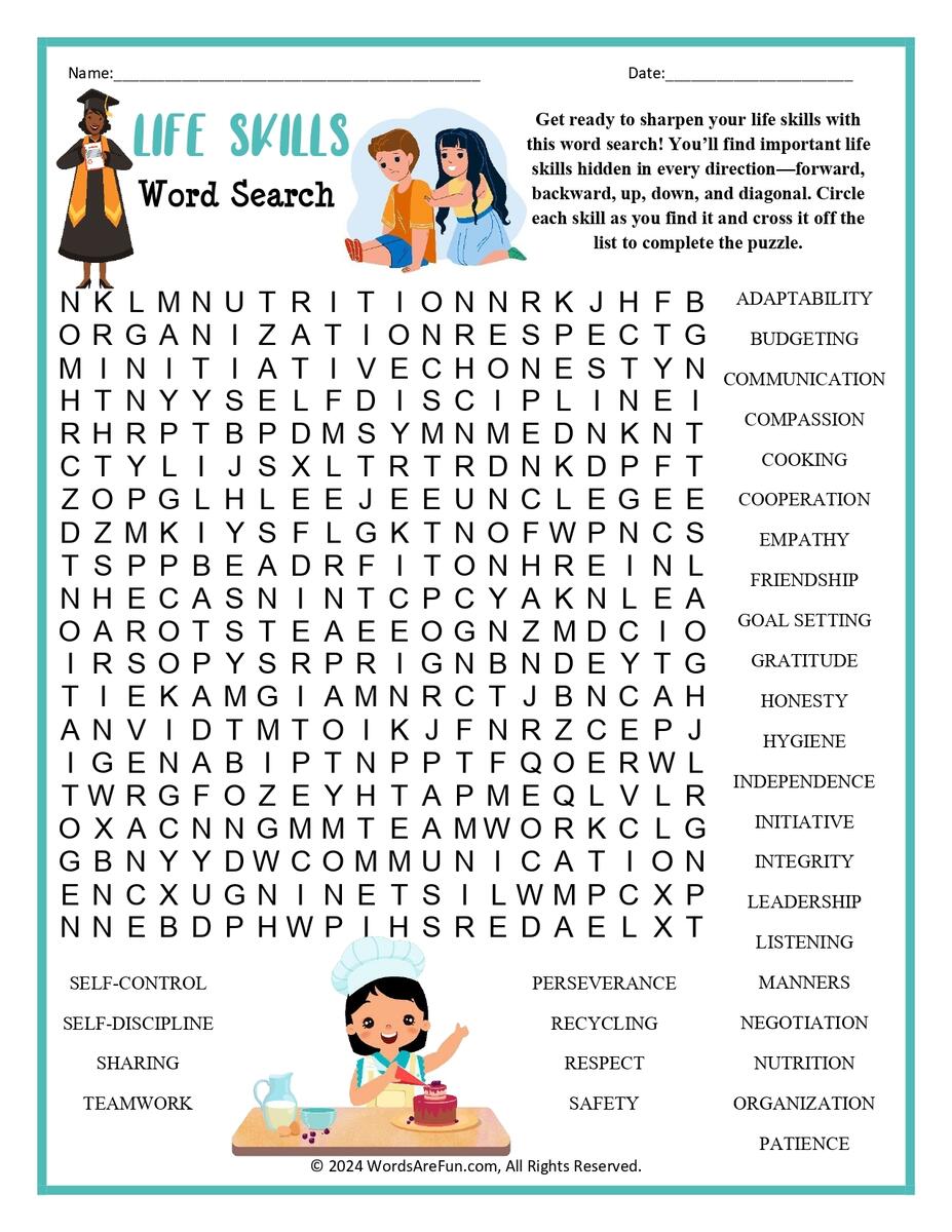 Life Skills Word Search Printable Life Skills Word Search Printable