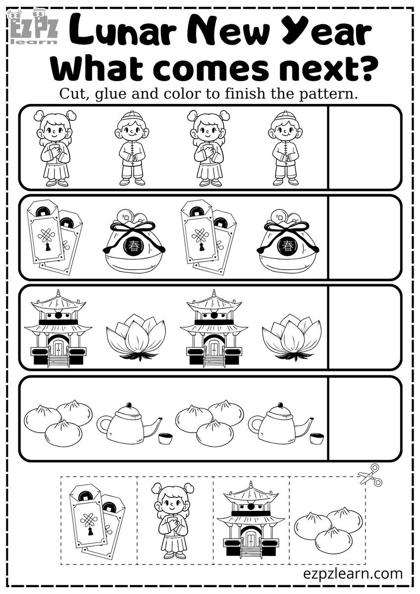 Lunar Chinese New Year And Tet What Comes Next Coloring Activity Number 2 For Kids Ezpzlearn
