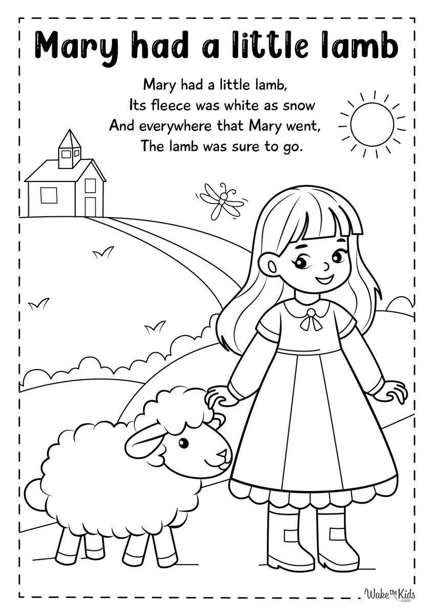 Mary Had A Little Lamb Coloring Pages Free Printable PDFs WakeTheKids Rhymes Activity Mary Had A Little Lamb Colouring Worksheet ClassMonitor