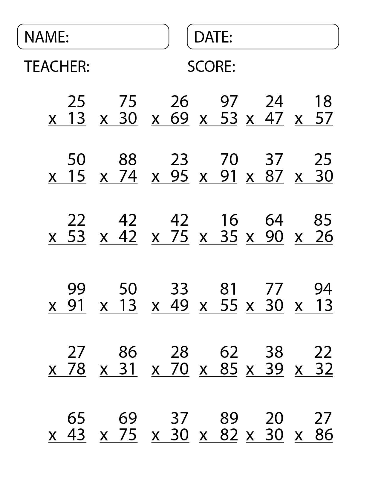 Double Digit Multiplication Worksheets 4th Grade