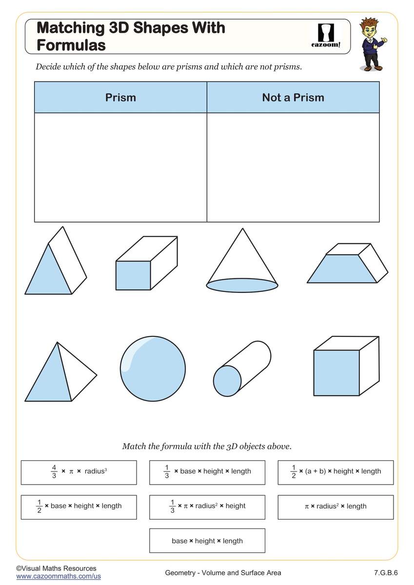Matching 3D Shapes With Formulas Worksheet Fun And Engaging 7th Grade PDF Worksheets Cazoom Math