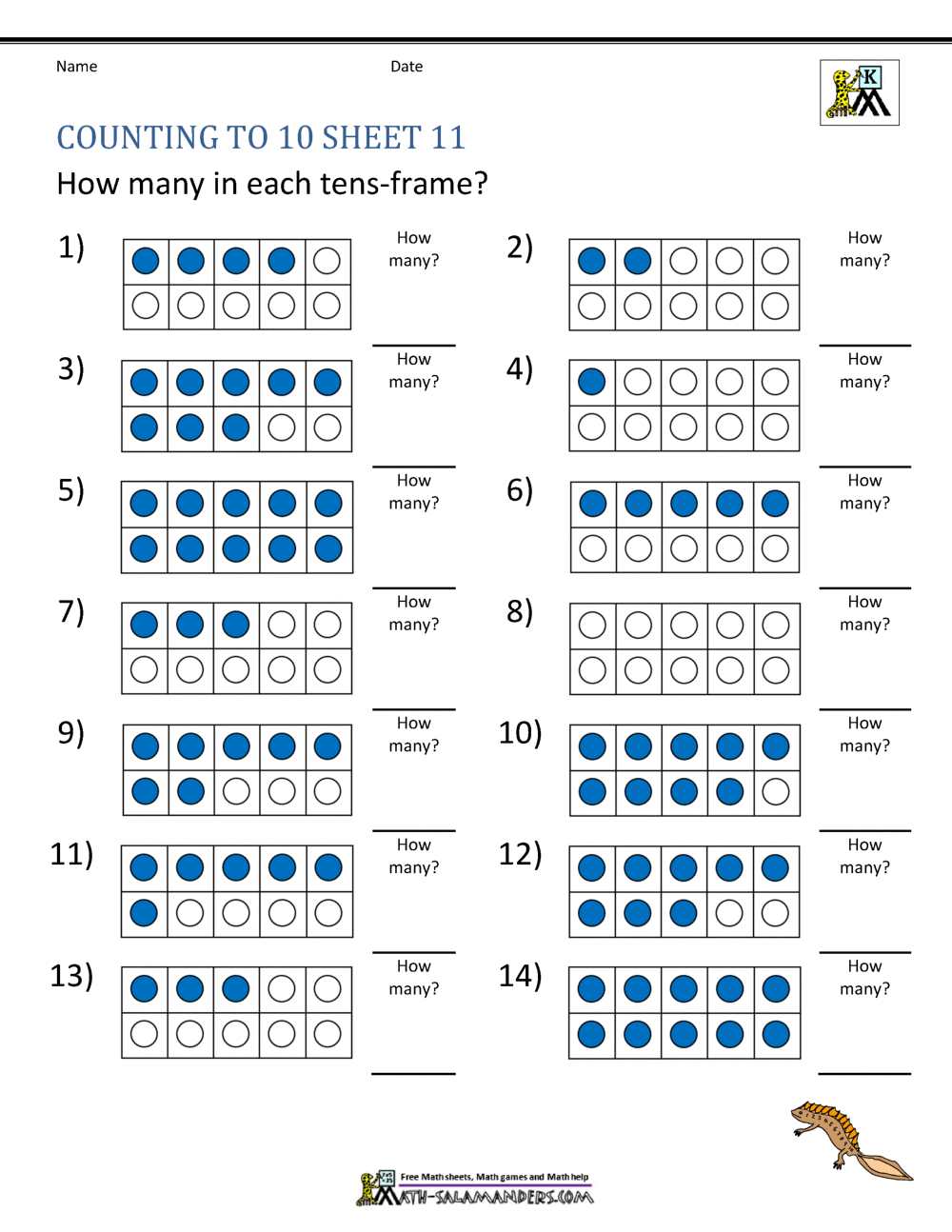 Math Salamanders Free Kindergarten Counting To 10 Worksheets