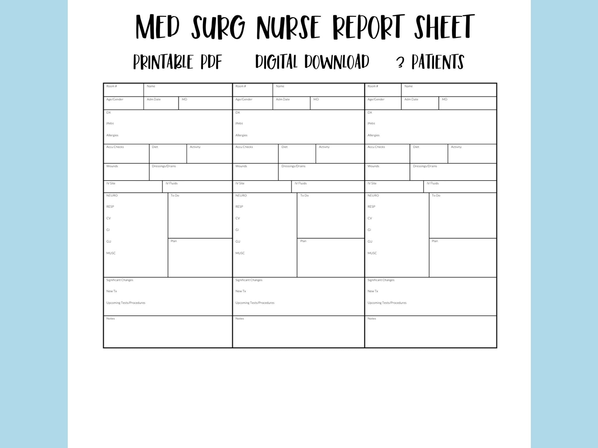 Med Surg Nurse Report Sheet 3 Patient Handoff Template PDF Digital Download Etsy Ireland