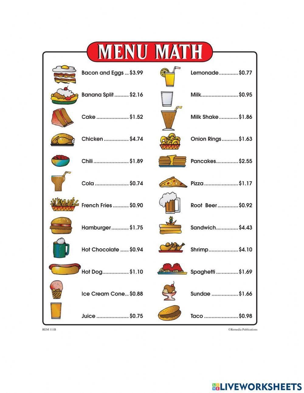 This FREE 3 Page Menu Can Be Used To Create Menu Math Worksheets Worksheets Library