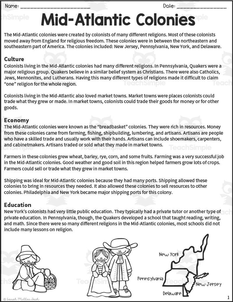 Mid Atlantic Colonies Reading Packet By Teach Simple Mid Atlantic Colonies Reading Packet By Teach Simple