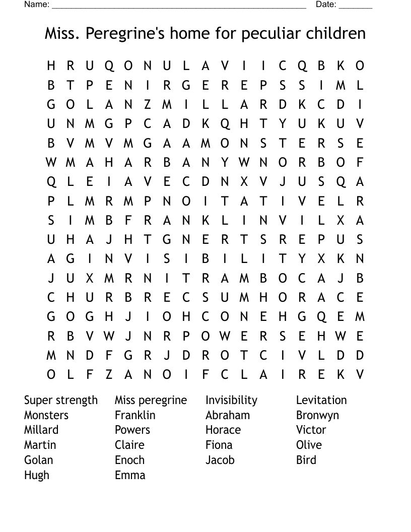 Miss Peregrine s Home For Peculiar Children Word Search WordMint