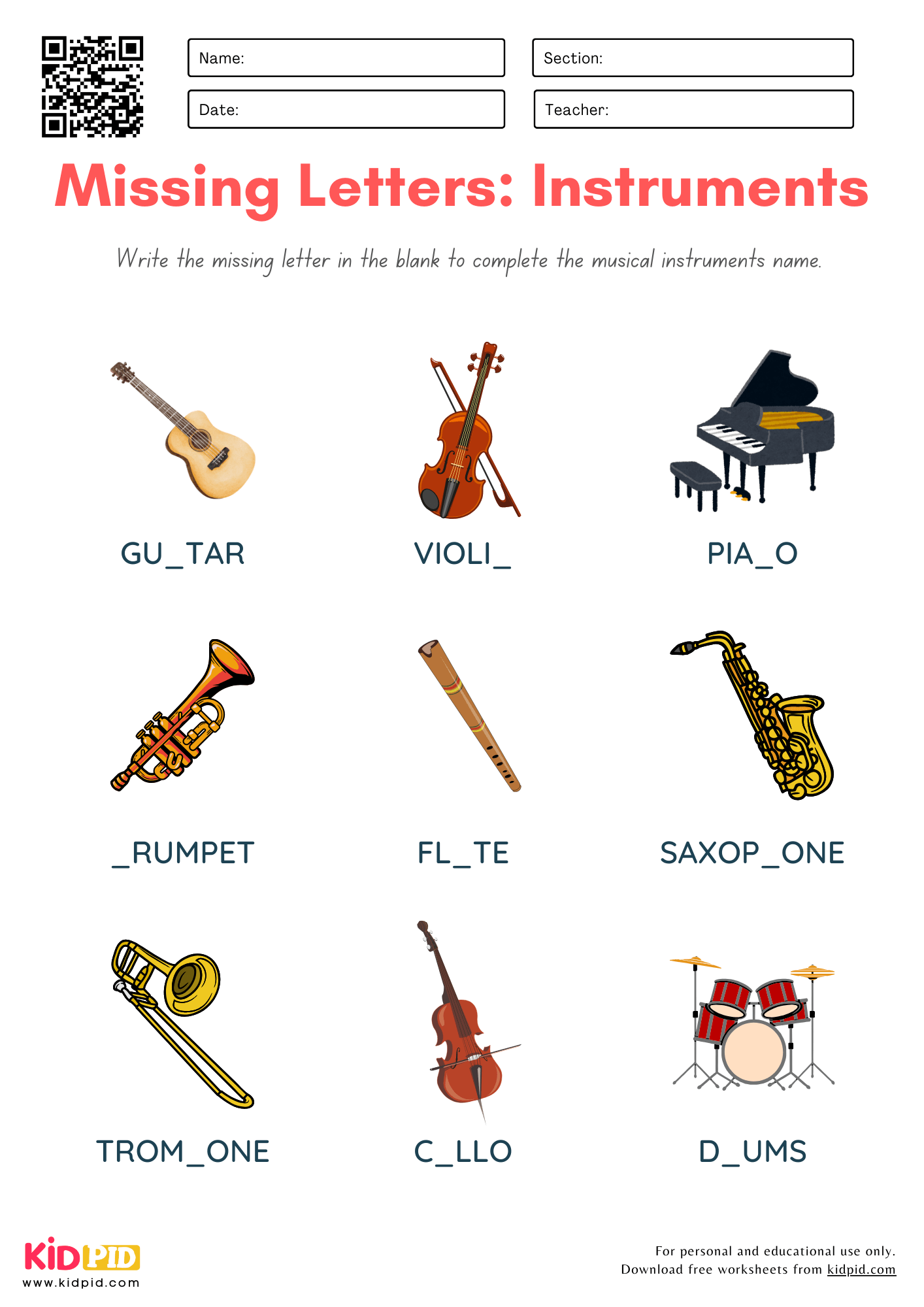 Missing Letters Of Musical Instruments Worksheet For Grade 2 Kidpid Printable Music Activities Gentle Guitar