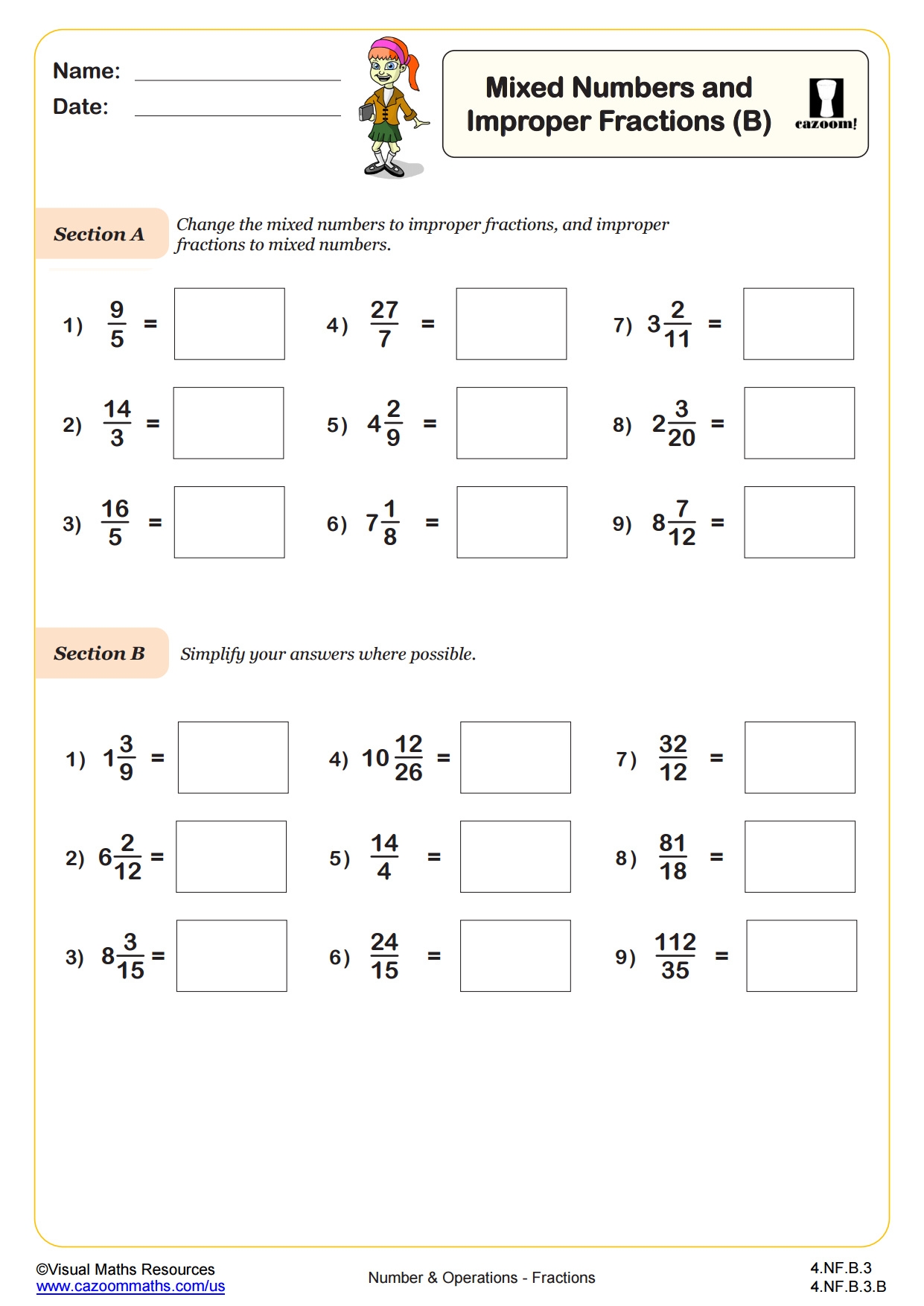 Mixed Numbers Improper Fractions B 4th Grade PDF Number And Operations Worksheets Cazoom Math Mixed Numbers Improper Fractions B 4th Grade PDF Number And Operations Worksheets Cazoom Math