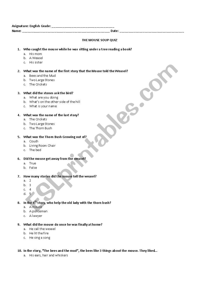 MOUSE SOUP QUIZ ESL Worksheet By Ldelvillar If You Take A Mouse To School Printables Free