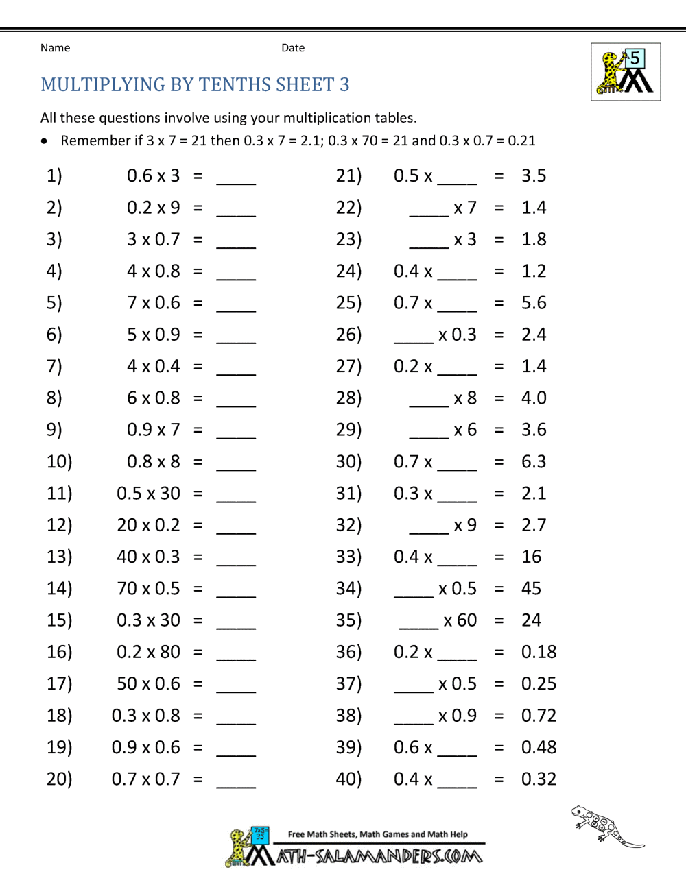 Multiplying Decimals By Whole Numbers