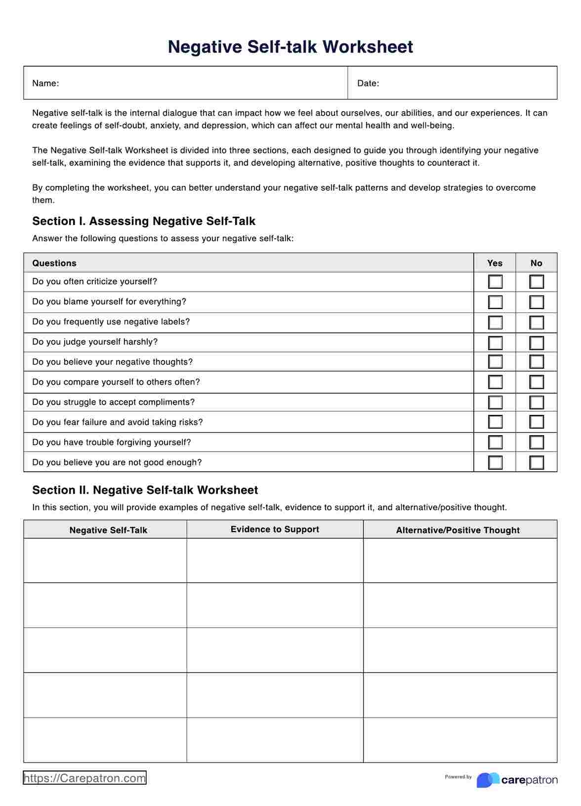 Negative Self Talk Worksheet