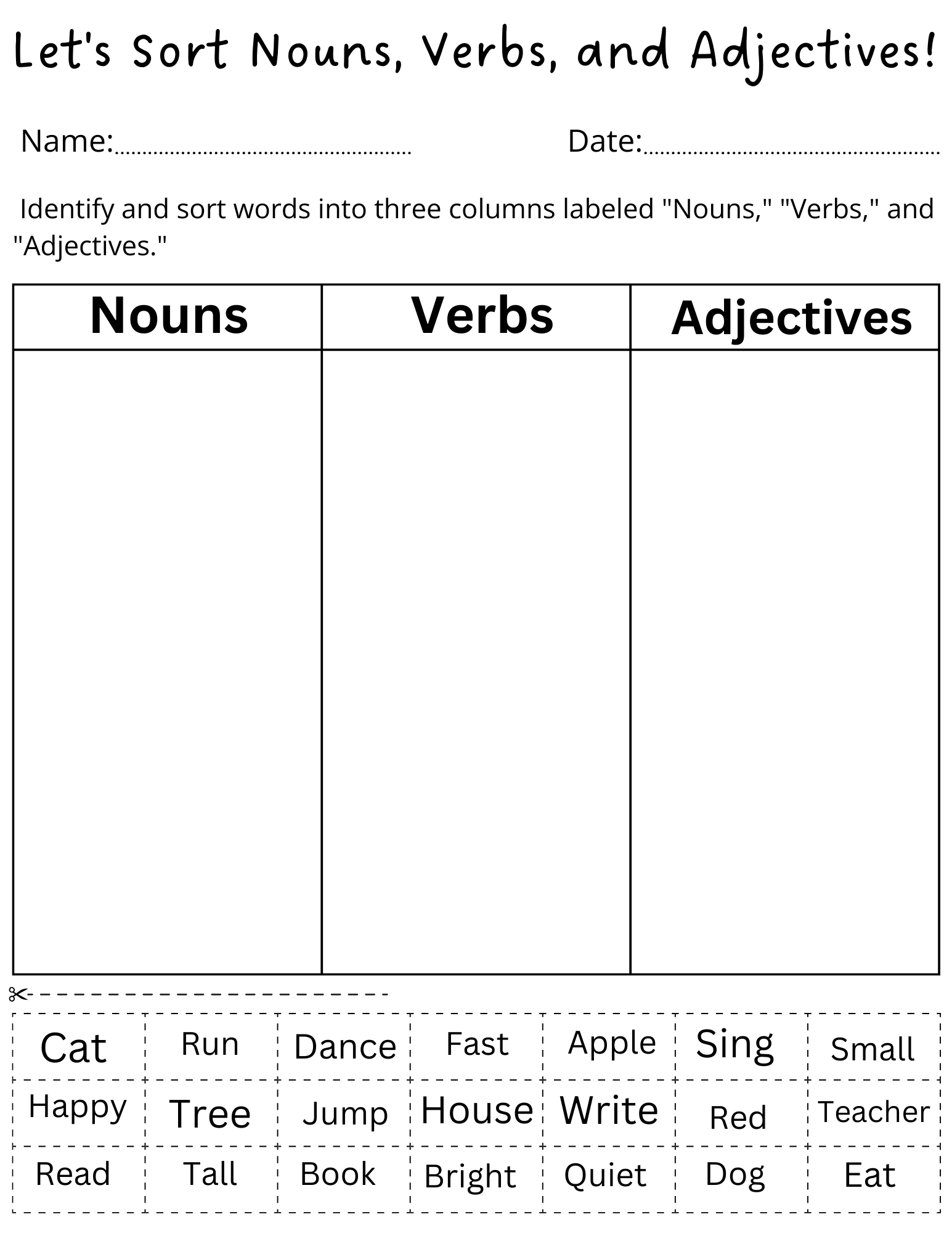 Noun Verb Adjective Sorting Worksheet Grade 1 Teaching Resources Noun Verb Adjective Sorting Worksheet Grade 1 Teaching Resources