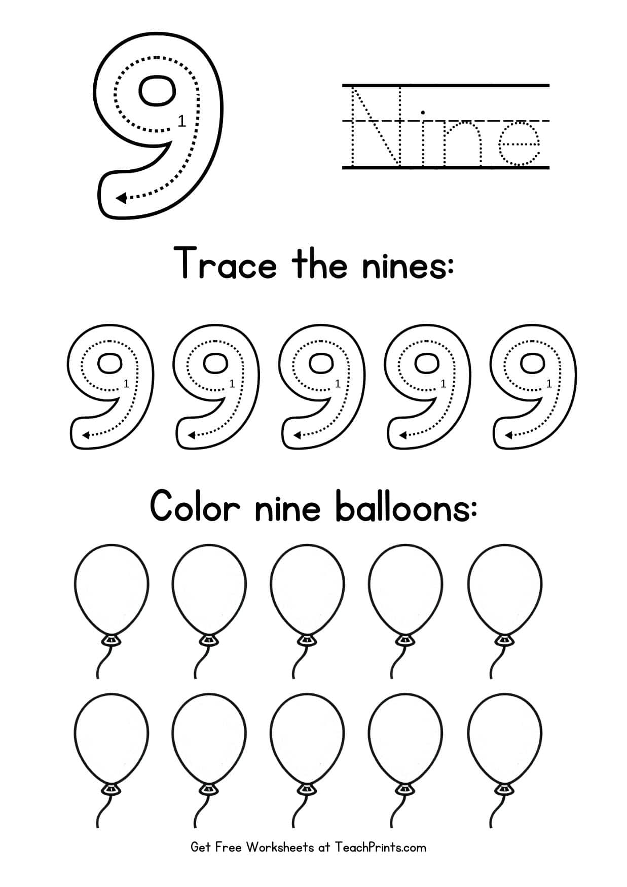 Tracing Number 9 Kindergarten Worksheet Free Printable PDF