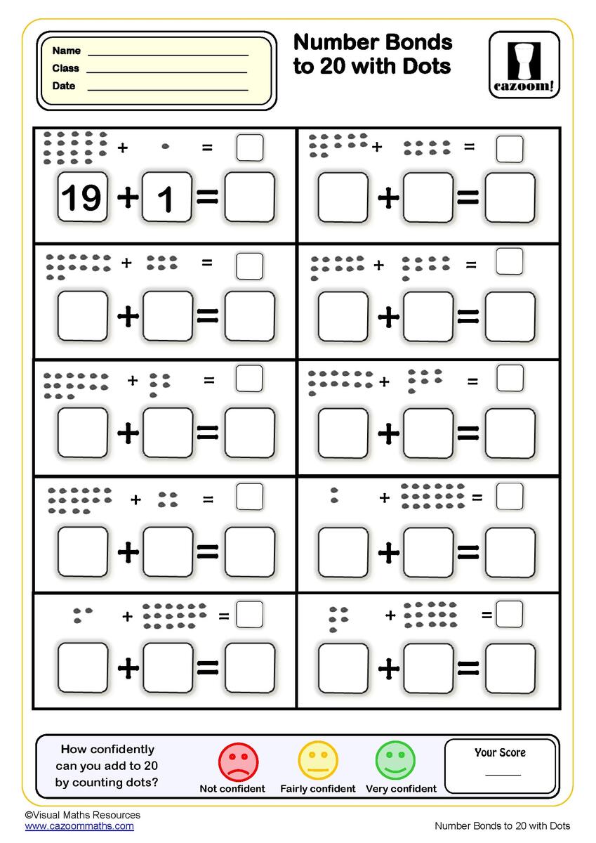 Number Bonds To 20 With Dots Worksheet Key Stage 1 PDF Addition Worksheets Number Bonds To 20 With Number Lines Worksheet Fun And Engaging Year 1 PDF Worksheets