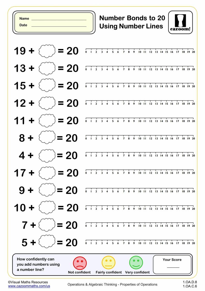 Number Bonds To 20 With Number Lines PDF Printable Addition Worksheets Cazoom Math Number Bonds To 20 With Number Lines PDF Printable Addition Worksheets Cazoom Math