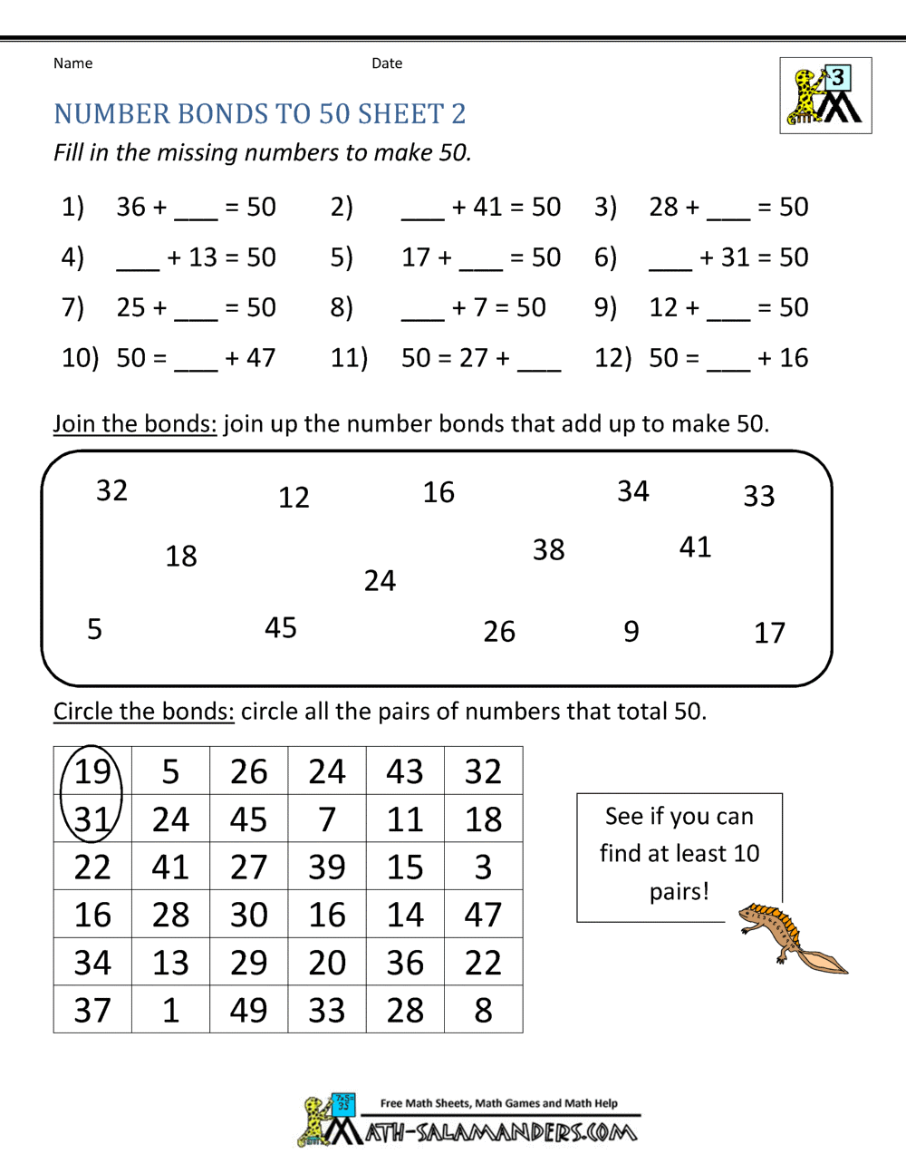 Number Bonds Worksheets To 100 10 Printable Number Bonds Math Worksheets Numbers 1 To 20 Kindergarten First Grade Homeschool Etsy