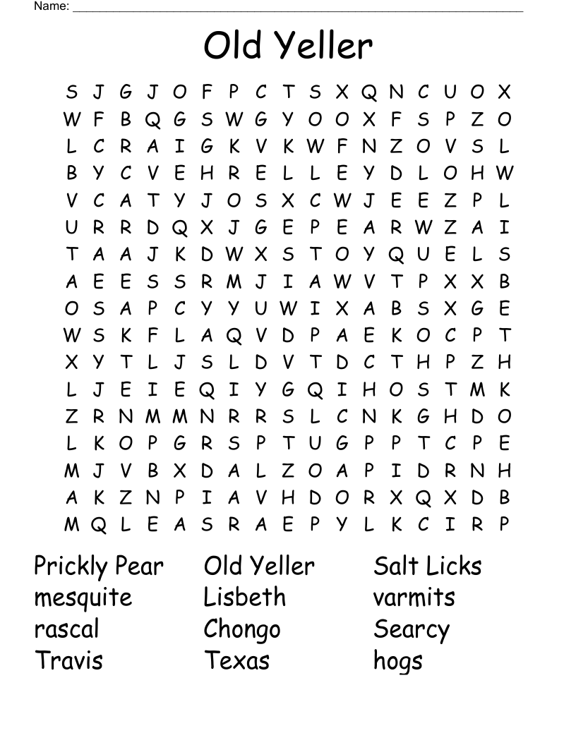 Old Yeller Word Search WordMint Old Yeller Word Search WordMint