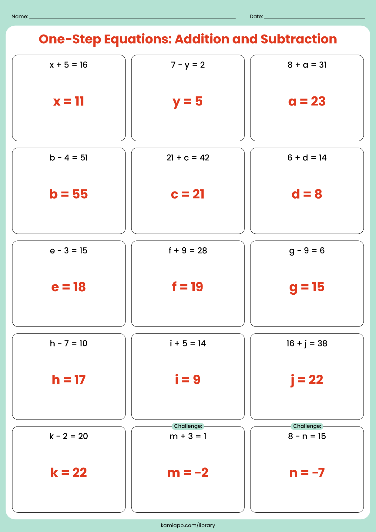 One Step Equation Addition And Subtraction Answer Key For Worksheets Library
