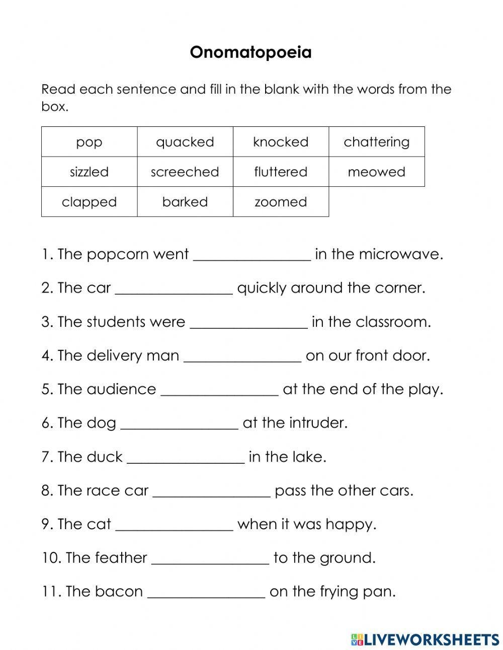 Onomatopoeia And Alliteration Worksheet Worksheets Library