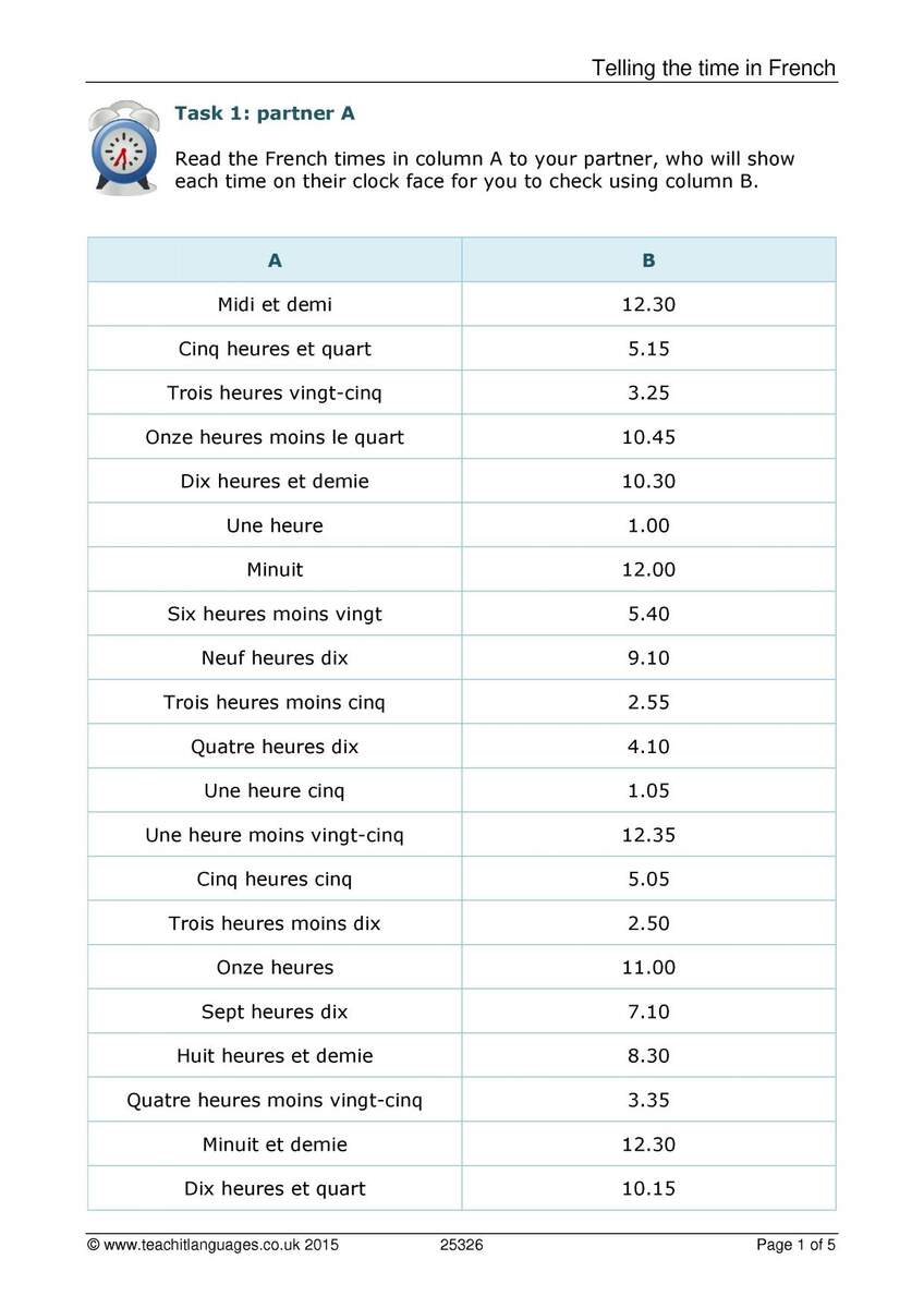 Pair Work Speaking Telling The Time KS3 French Teaching Resource Teachit French Time Review Quelle Heure Est Il Worksheet Worksheets Library